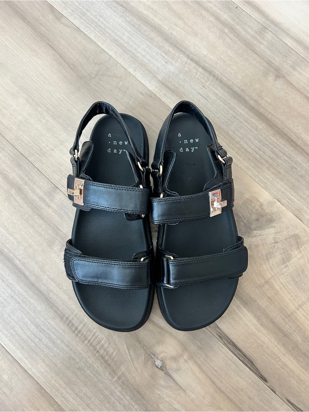 a new day Black Leather Double-Strap Sandals with Gold Buckles